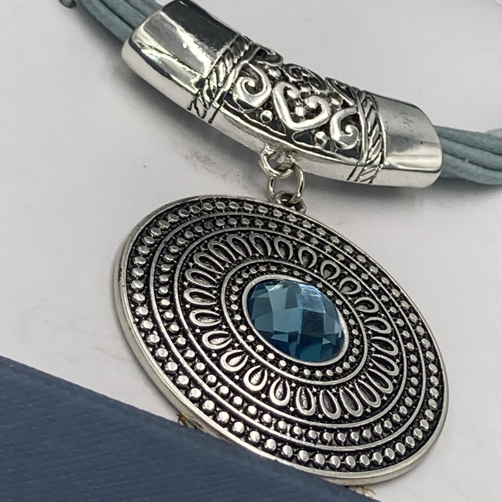 Statement Necklace Silver Tone Medallion Pendant Blue Faux Gem Cord New in Box