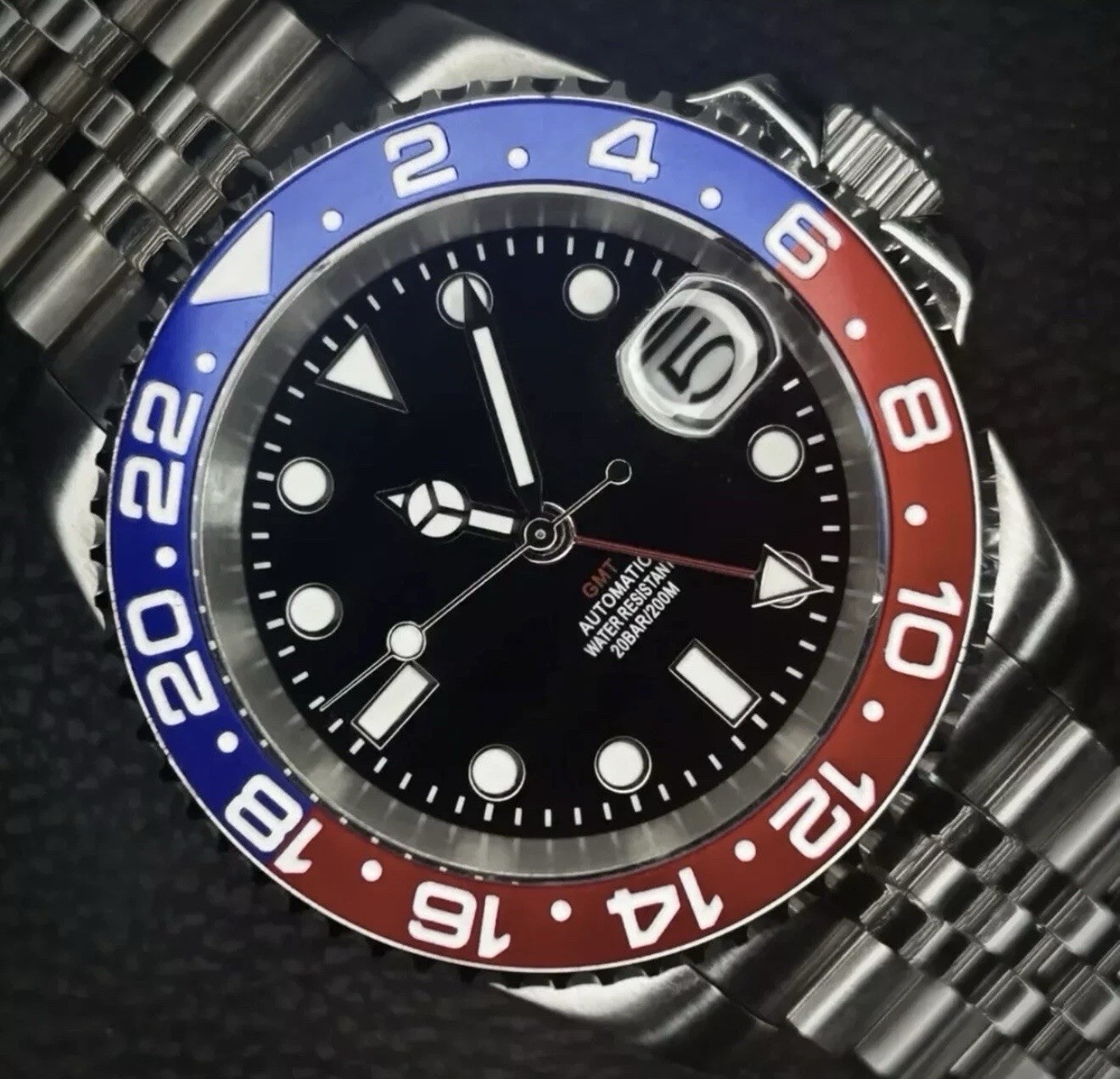 Custom 40mm “Pepsi” GMT Style Mod Watch Jubilee Bracelet w/NH34 Automatic