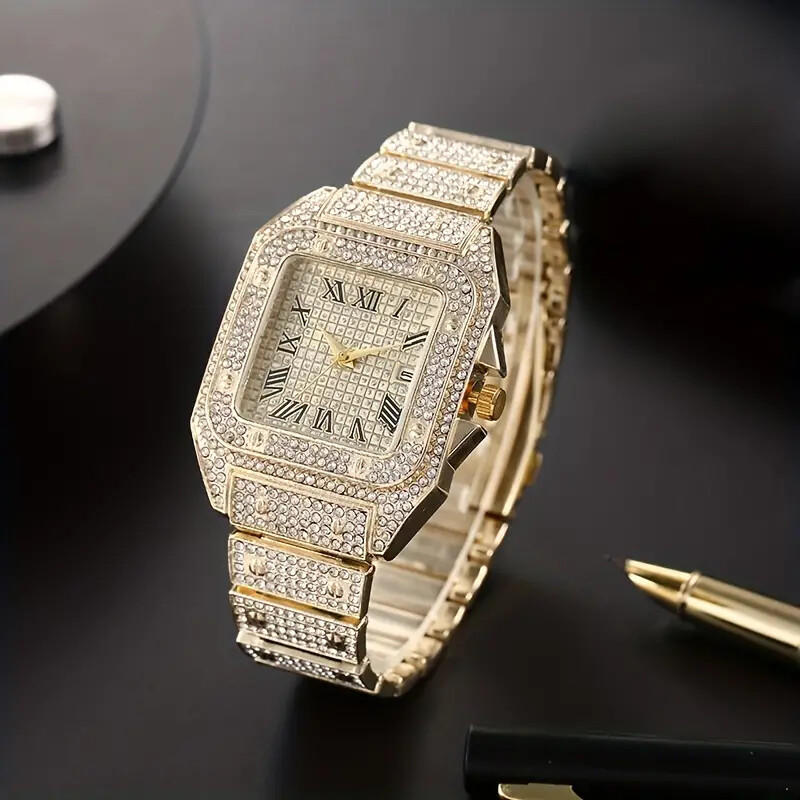 MEN’S ICED LUXURY GOLD PLATED SIMULATED DIAMOND METAL BAND WRIST SQUARE WATCH