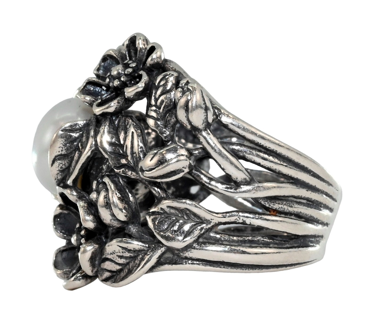 Paz Creations PZ Israel Solid 925 Sterling Silver Floral Pearl Ring! Size: 5.5!