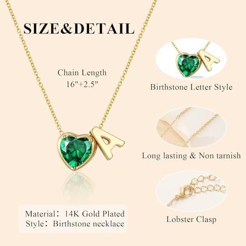 Heart Birthstone Initial Necklace – 14K Gold Plated A-Z Jewelry Gift for Women &