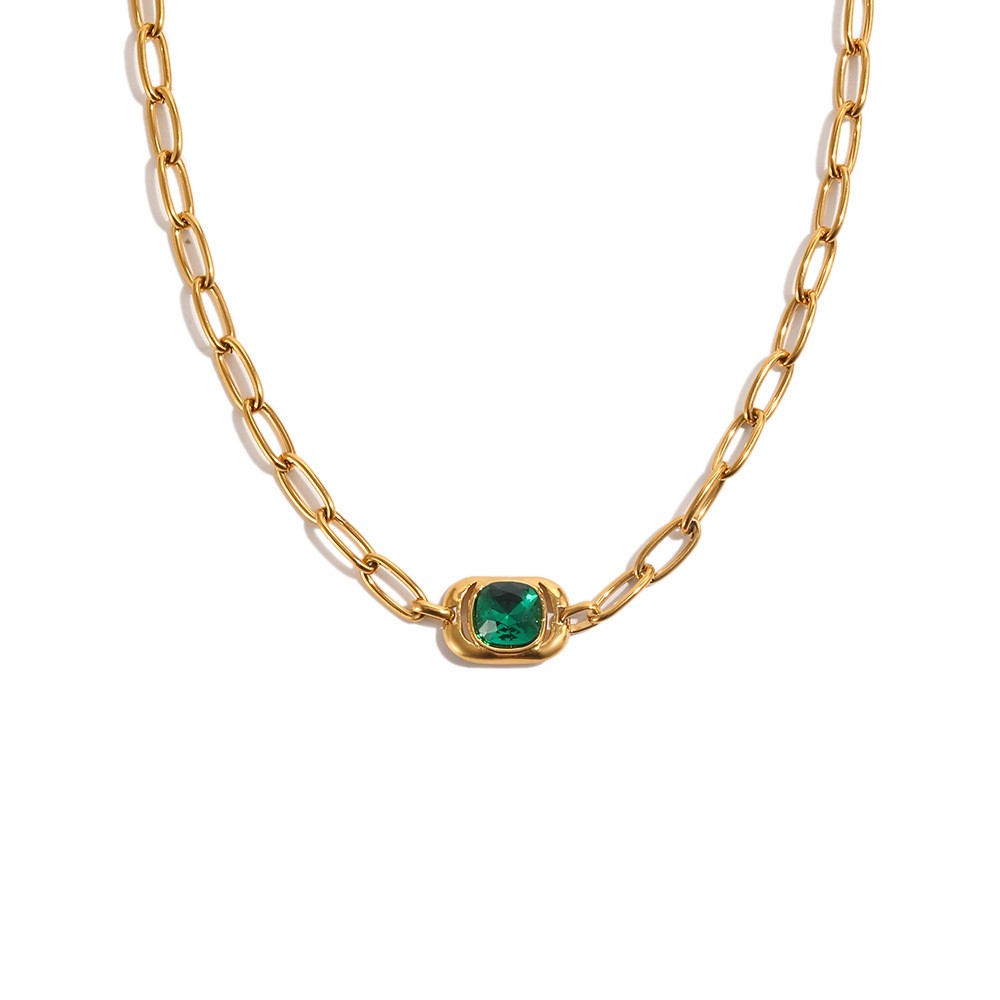 Square Pendant 18K Gold Plated Stainless Steel Necklace Green CZ Stone