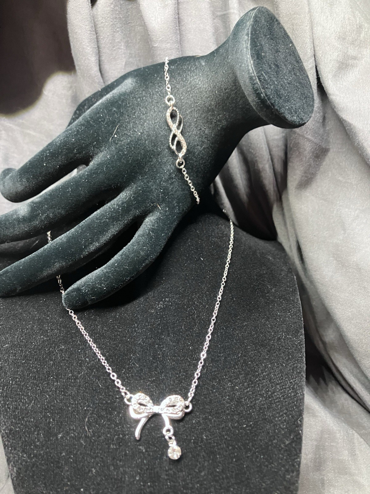 Womens stainless steel cz double bow necklace with infinity cz anklet/bracelet