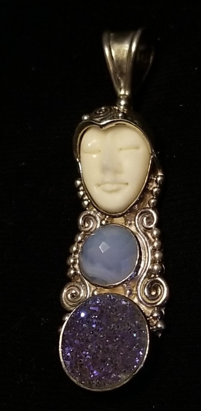 Sajen Silver Sleeping Goddess Pendant, Drusy, Gemstone, Bone, Sterling, 2 Inch