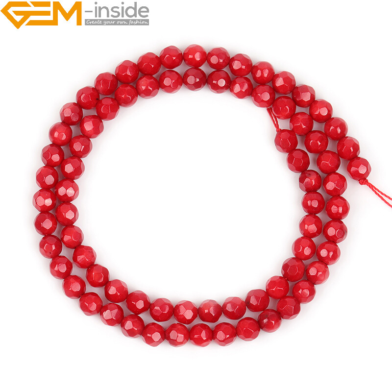 Faceted Red Coral Beads 15″ – Dyed Round Loose Gemstone Jewelry Making Strand”
