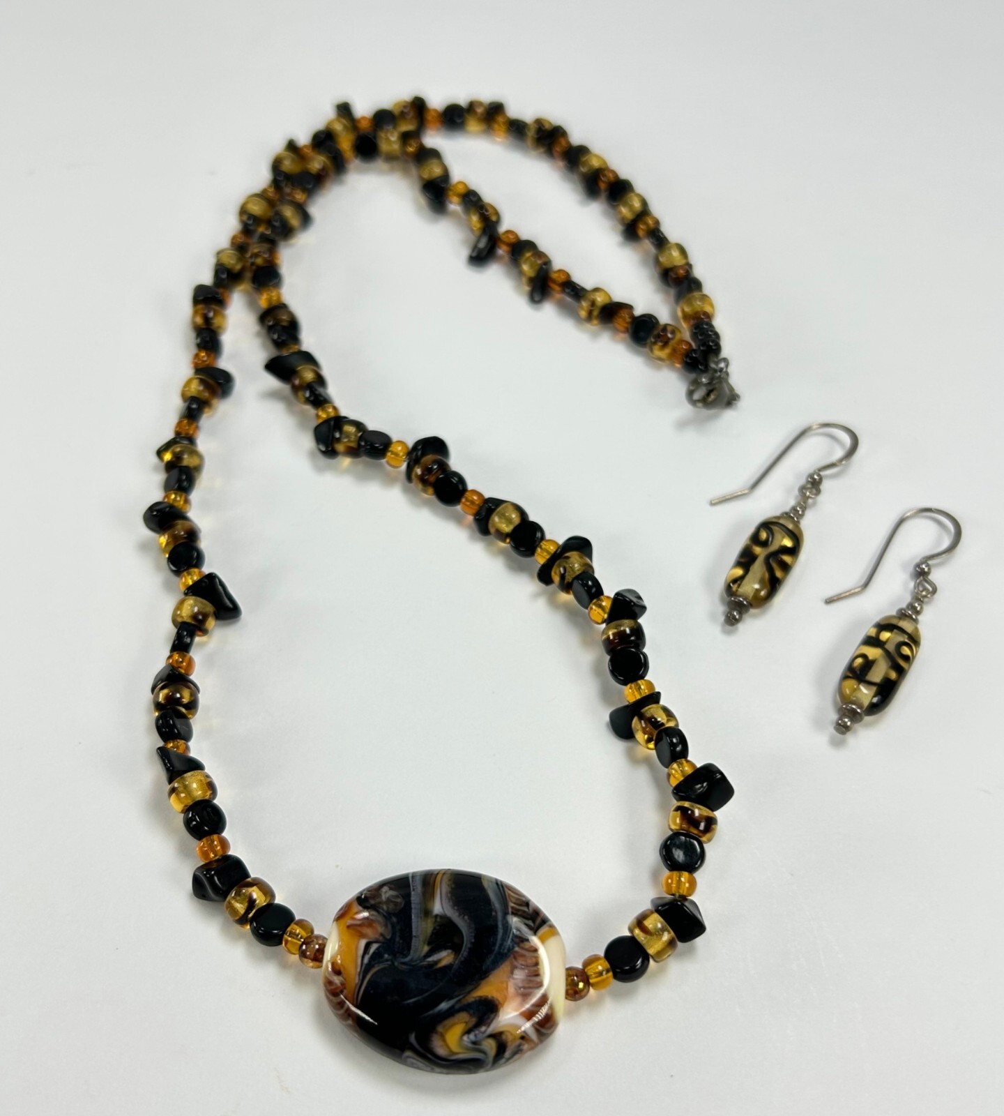 925 Glass Beaded Necklace Earrings Set Swirled Orange Amber Brown Black White