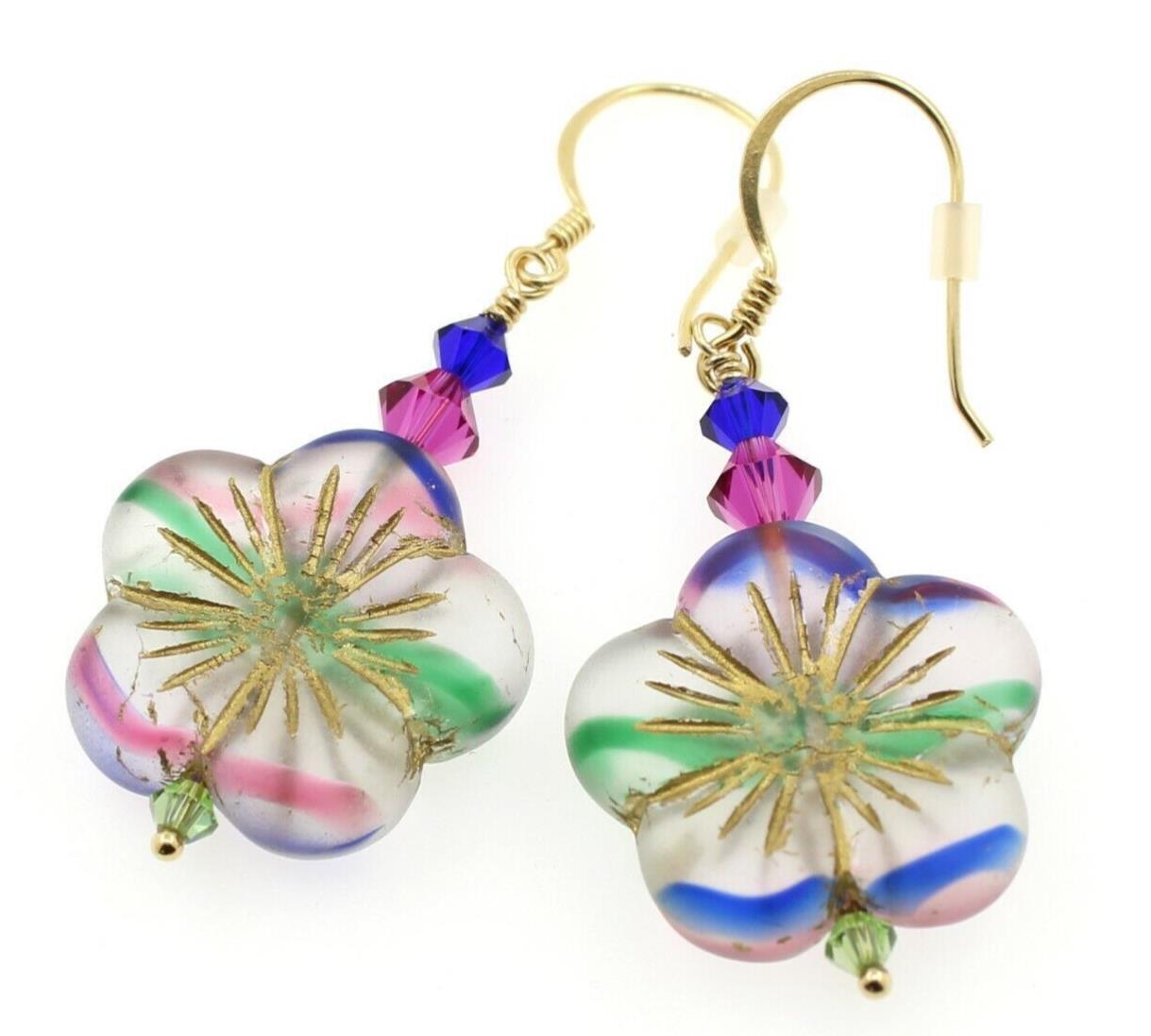 Flower Earrings Seaglass Glass Stripes Blue Green Pink Swarovski Vermeil Gold