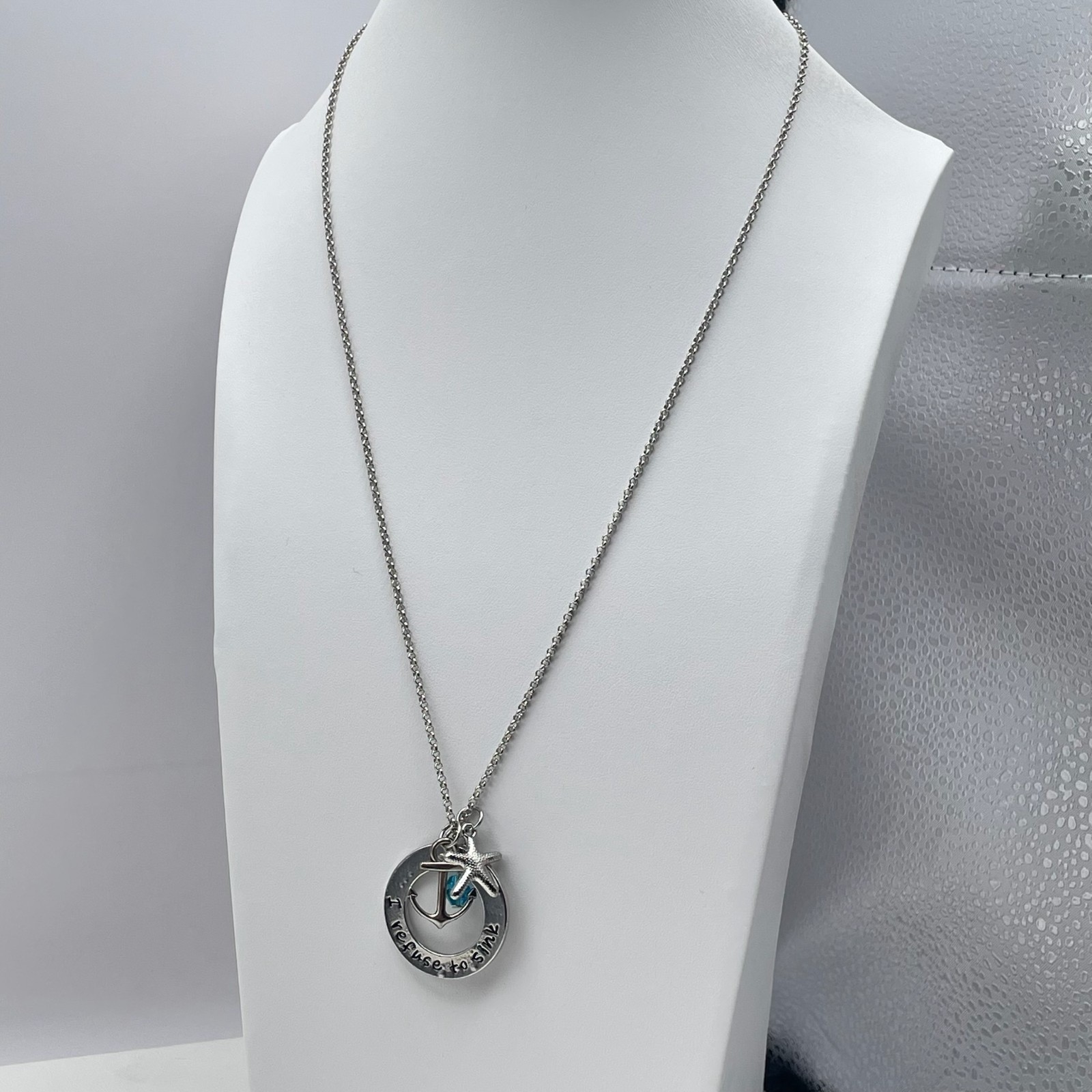 Vintage Y2K Silver Tone I Refuse to Sink Anchor Starfish Teal Crystal Necklace