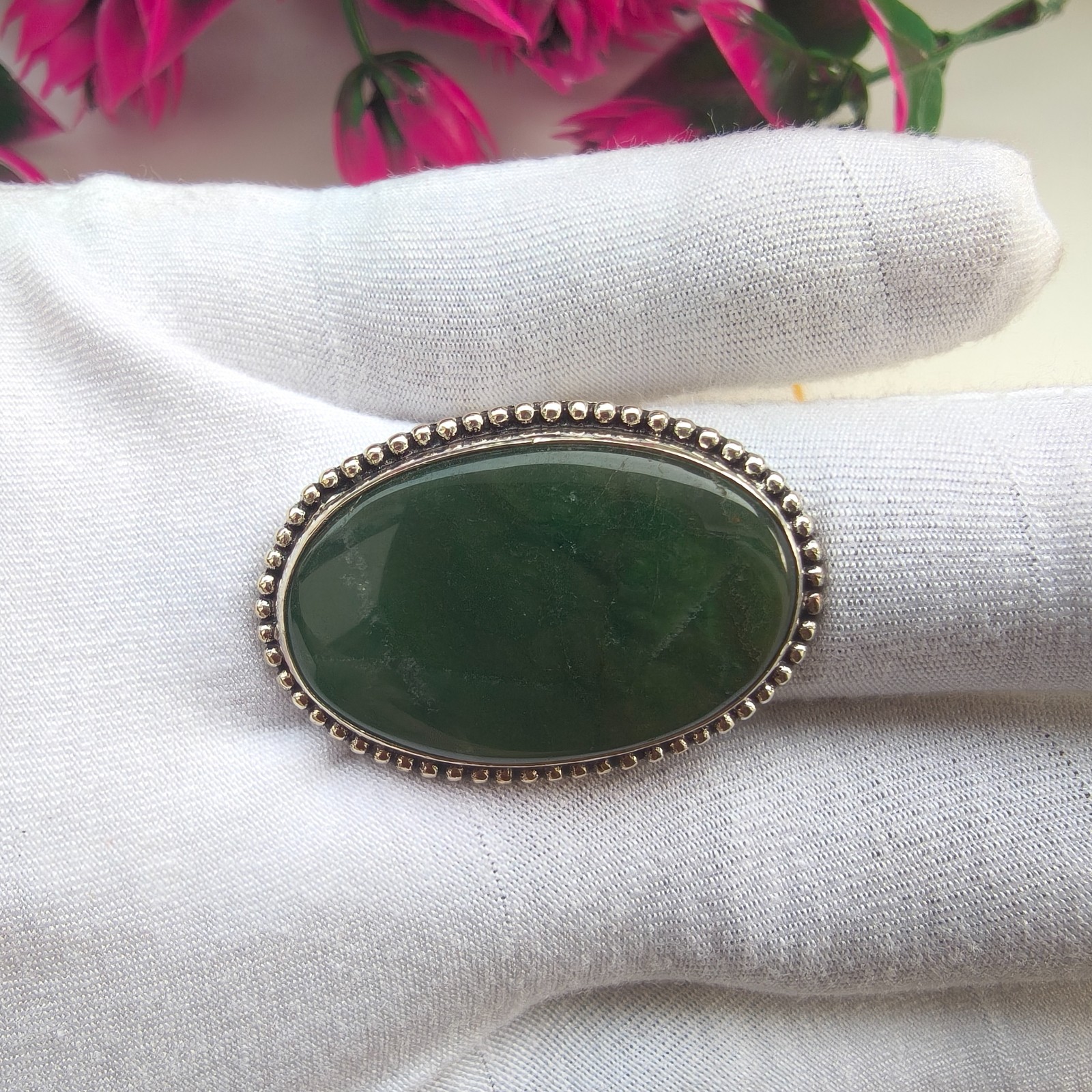 Green Jade Oval Stone Gemstone 925 Silver Handmade Statement Ring Jewelry