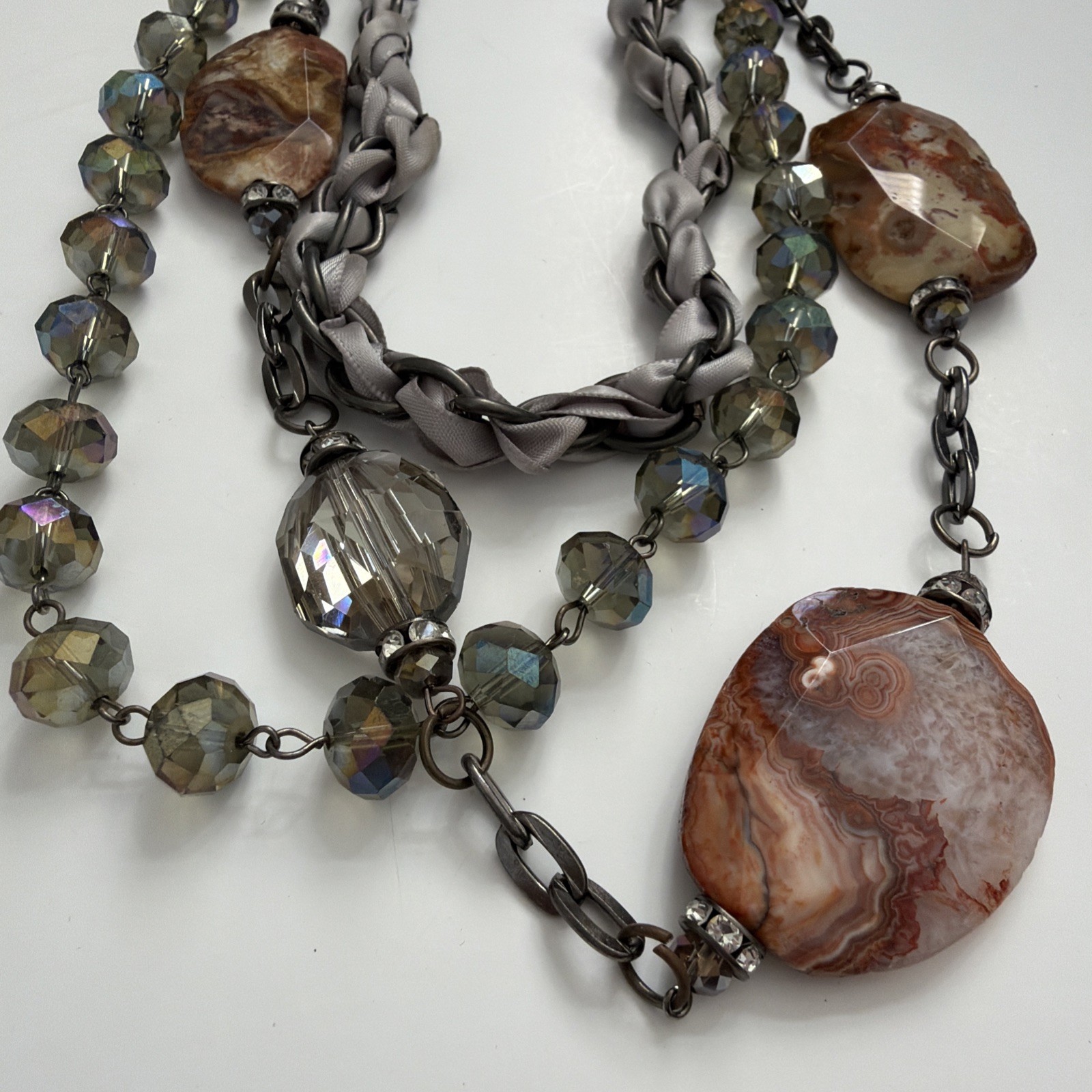 Vintage Cookie Lee Multi Strand Statement Necklace Agate Crystal Gunmetal Gray