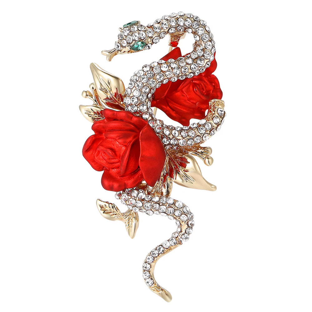 Vintage Style Snake Rose Brooch Gold Rhinestone Enamel Serpent Pin Jewelry Gift