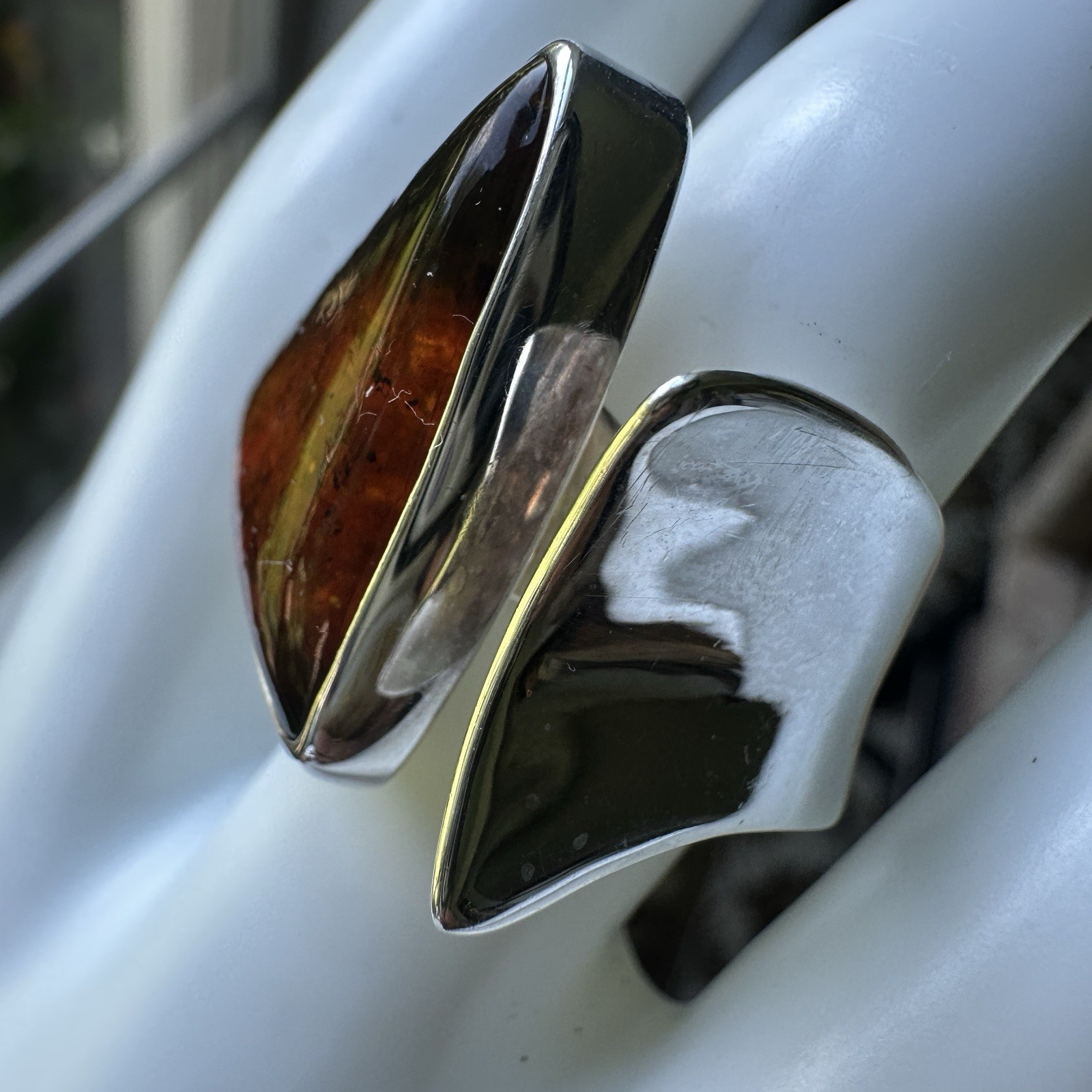 Gabriel Pena Accent Ring Size 8 Adjustable Baltic Amber 950 Silver 9.0g Signed