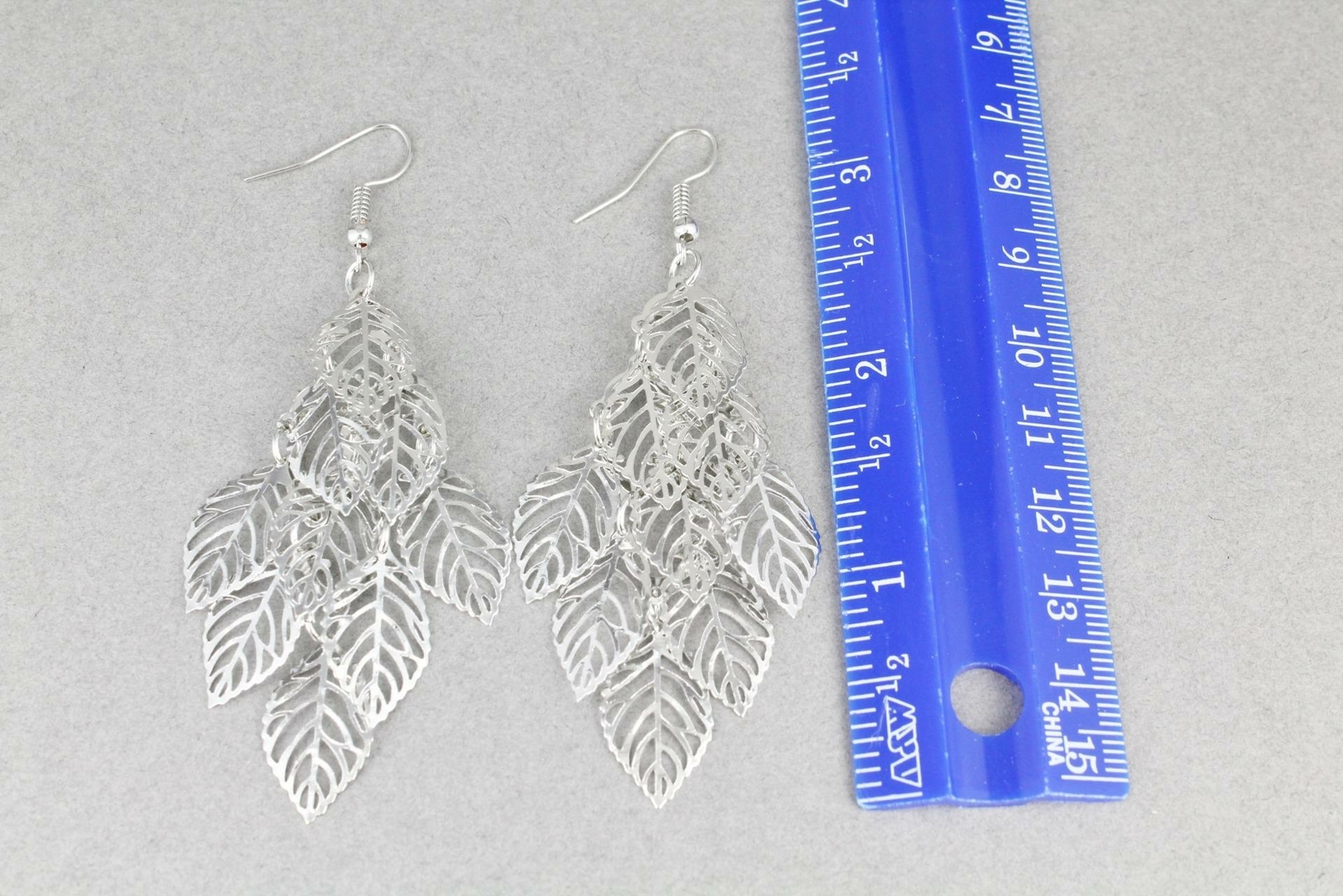 Silver chandelier earrings filigree leaf dangle pendant wiggly leaves 3.25″ long