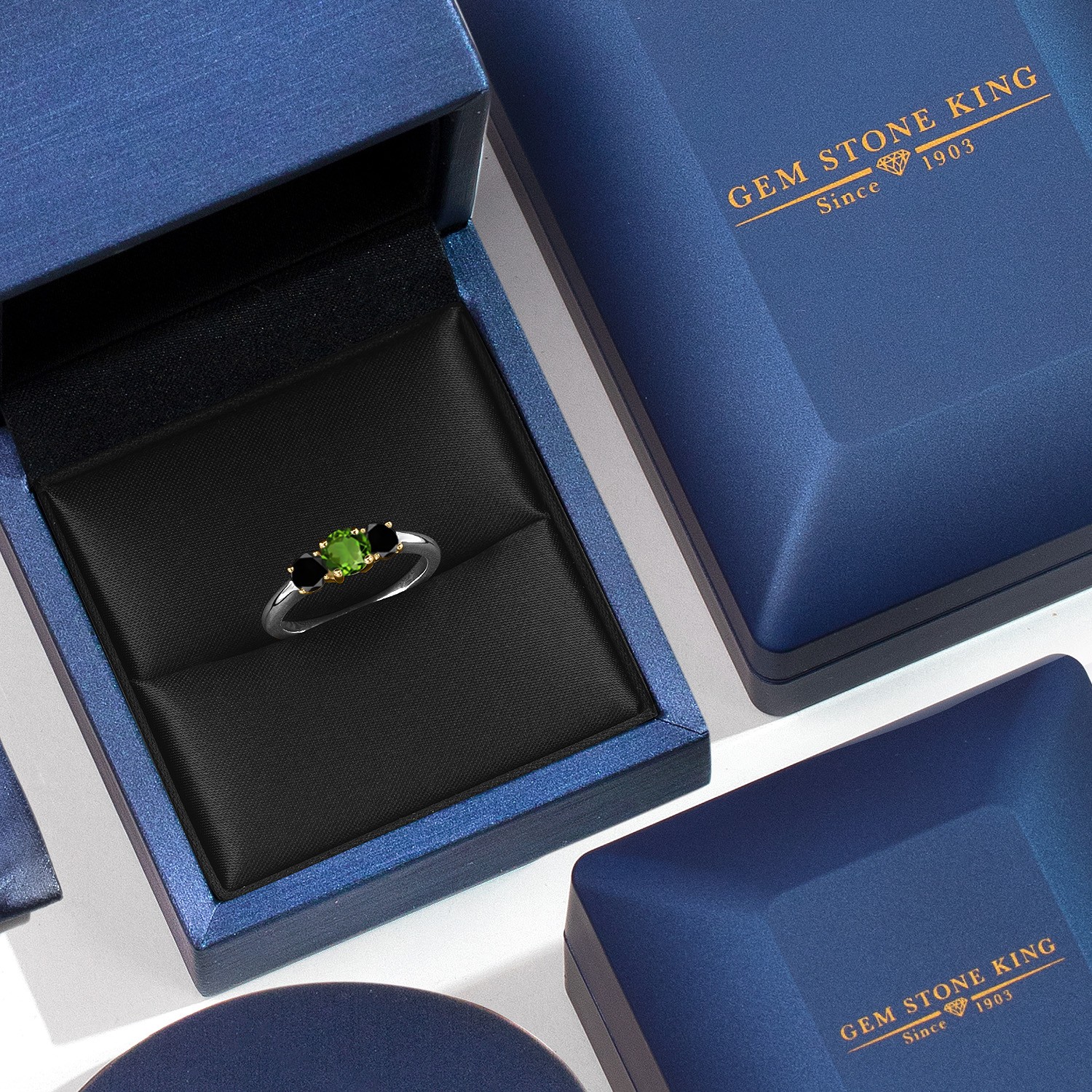 925 Silver and 10K Yellow Gold Green Chrome Diopside and Black Diamond
