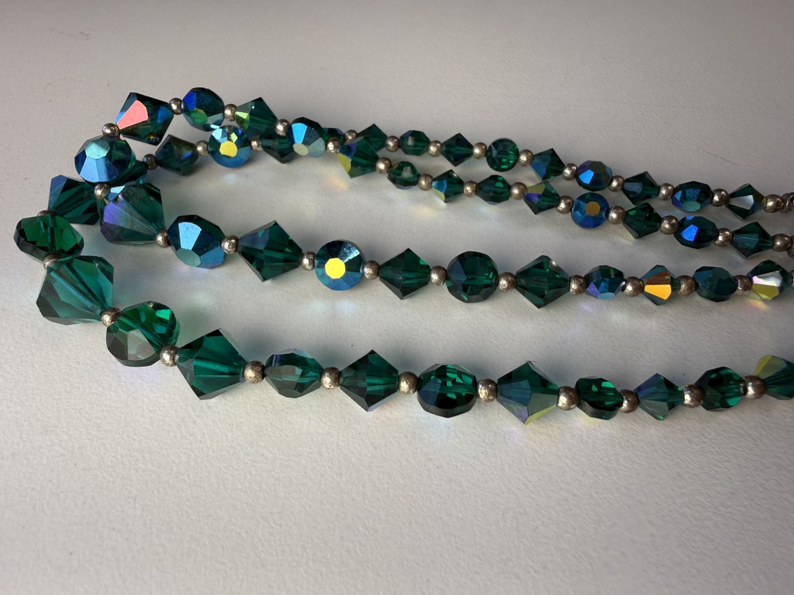 VNTG Czech Bi-color Blue Green Cut Faceted Glass Bead Double Strand 20”Necklace