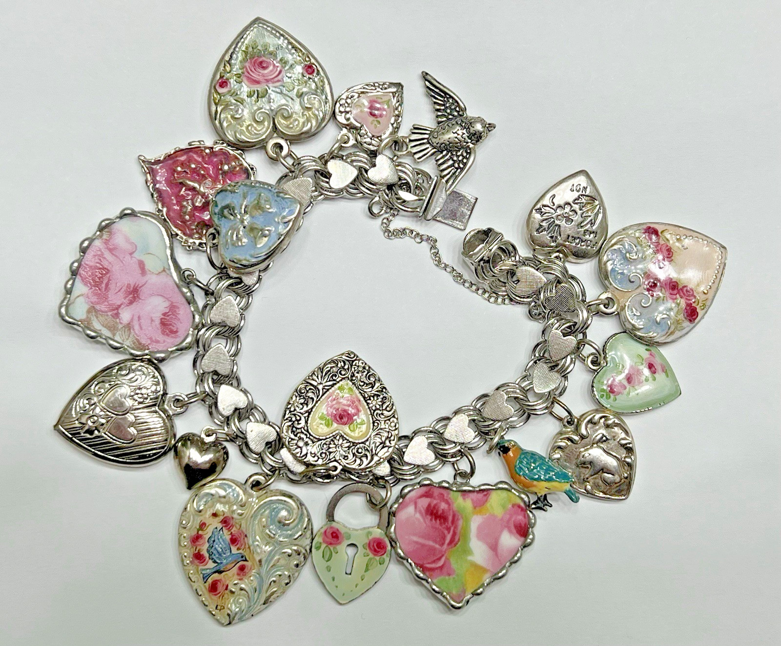 Vintage Puffy Hearts Charm Bracelet Sterling Silver Estate Pink Heart Charms US