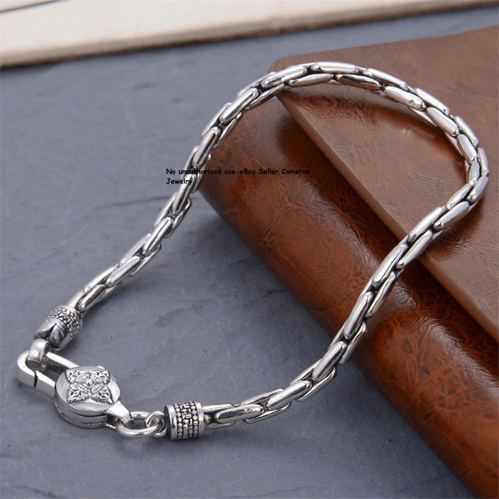 Solid S925 Sterling Silver Chain 3.5mm Vajra Bamboo Link Bracelet 6.3-8.7inch