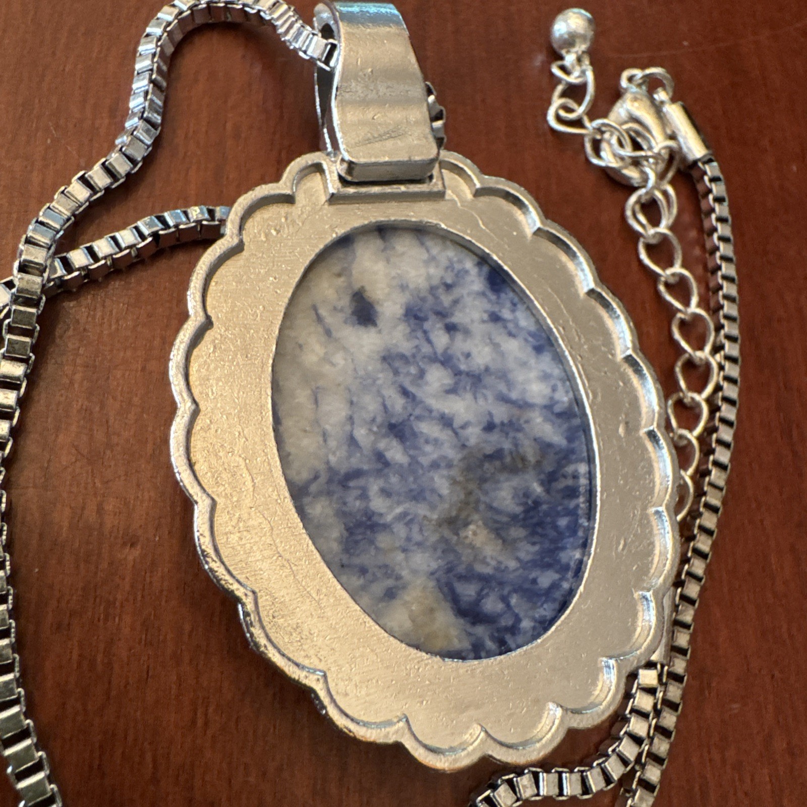 Silver Tone Blue White Sodalite Gemstone Oval Pendant Statement Necklace 905
