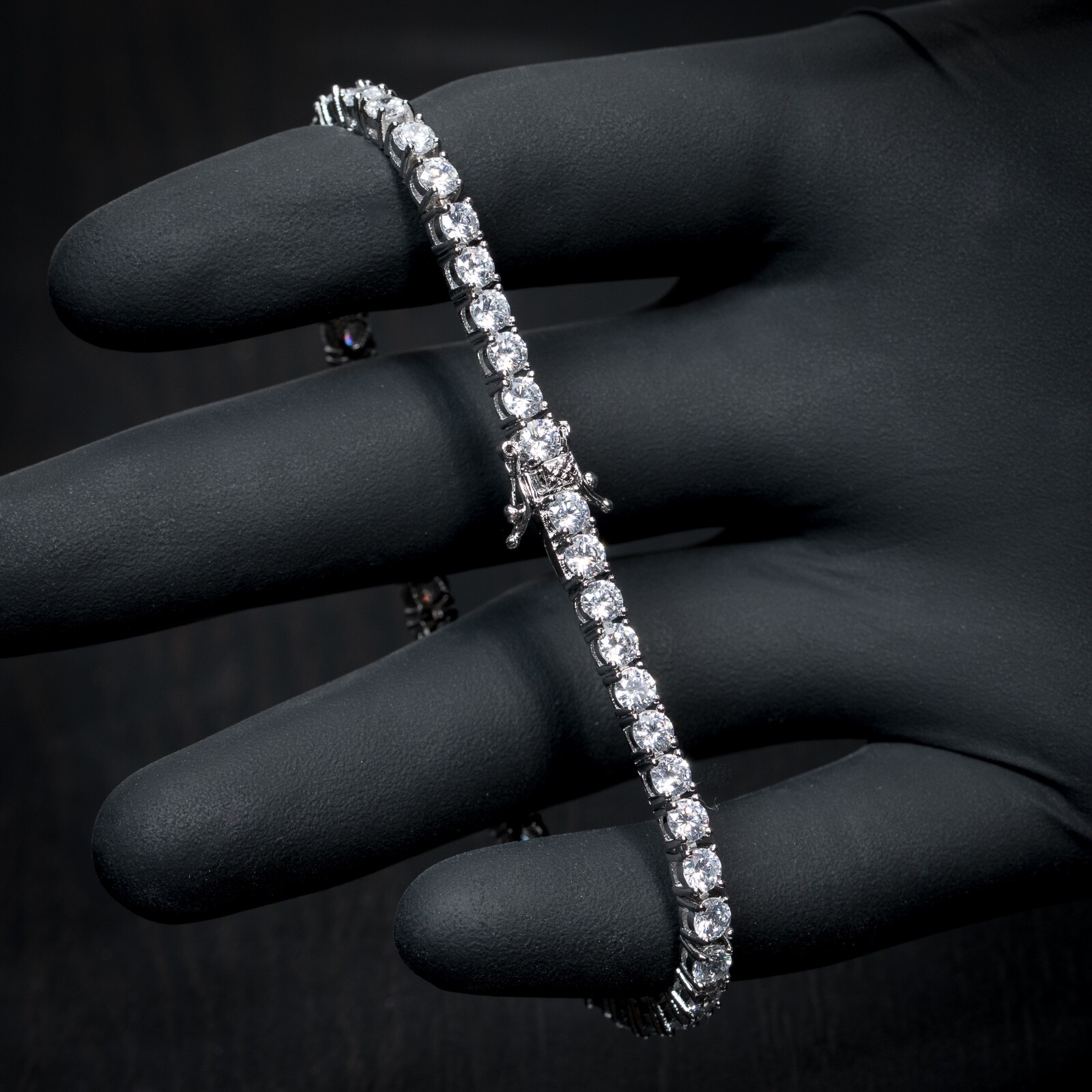 Silver White Gold Plated Solitaire Cz Iced 4mm Tennis Chain Bracelet For Men