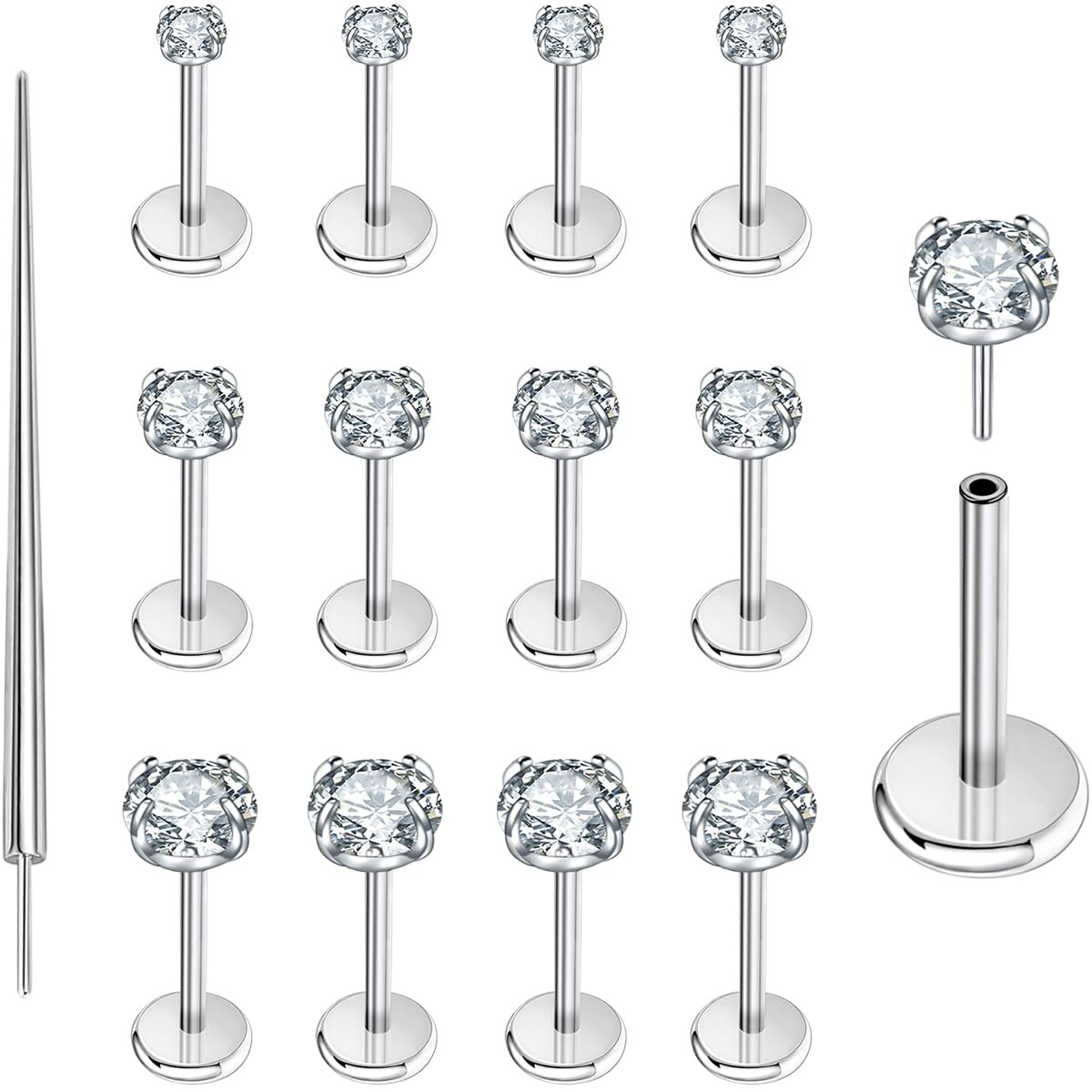 13Pcs 20G/18G/16G Flat Back Earrings Stud 316L Surgical Stainless Steel Threa.