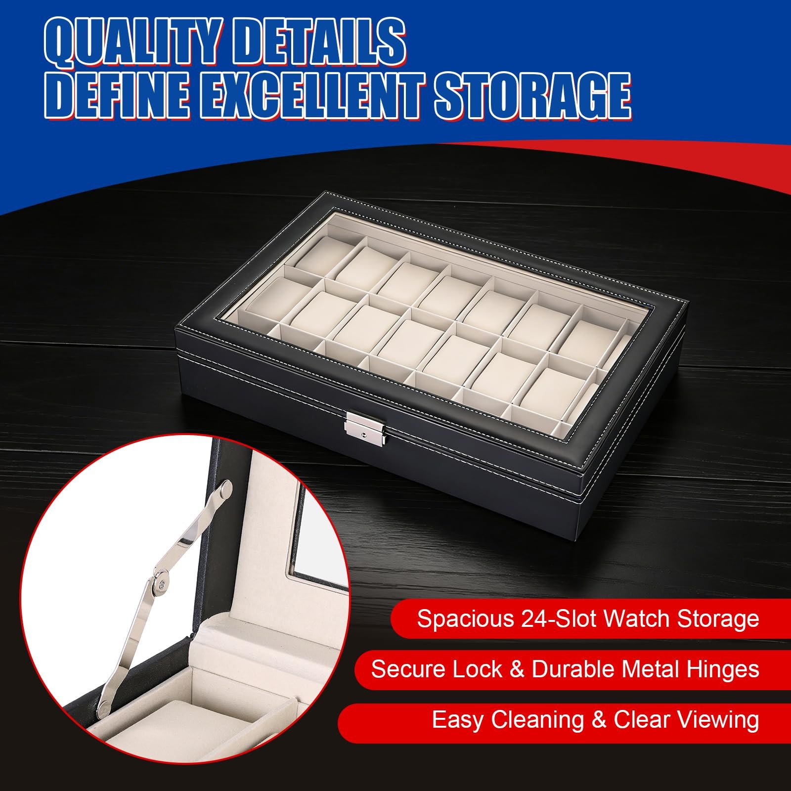 NYXOVA 24 Slots Watch Box, PU Leather Display Case, Lockable Black