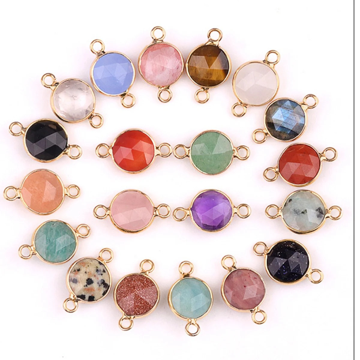 12PC Wholesale 11mm Round Natural Gemstone Connector Gold Charms for DIY Jewelry