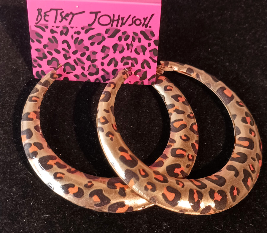 Big LEOPARD Animal Print HIP HOP Gold HOOP Leverback Betsey Johnson Earrings