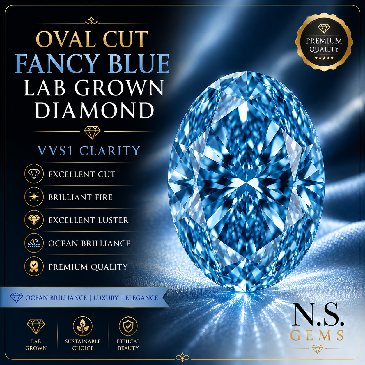 2 Ct Oval Cut Fancy Blue Lab Grown Diamond VVS1 Loose Gemstone Ocean Brilliance.