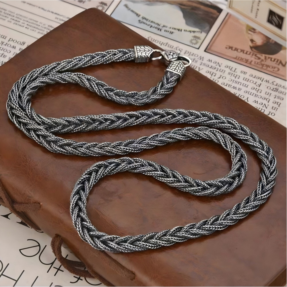 Pure S925 Sterling Silver Chain 6mm Braided Foxtial Link Necklace34-35g 23.6inch