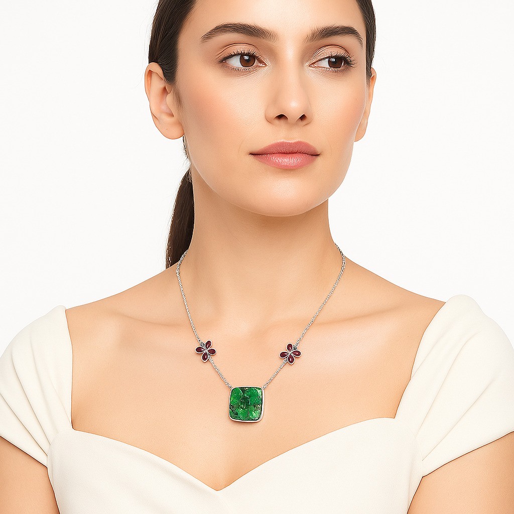 Green Matrix Turquoise and Garnet 925 Sterling Silver Necklace Jewelry N-1001