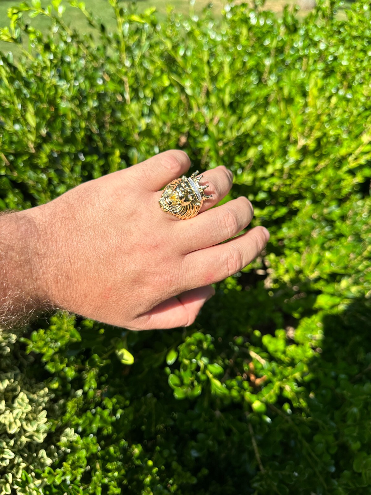 Lion W. Moissanite Baguette Crown 3D Mens Ring – 14k Gold Over Real 925 Silver