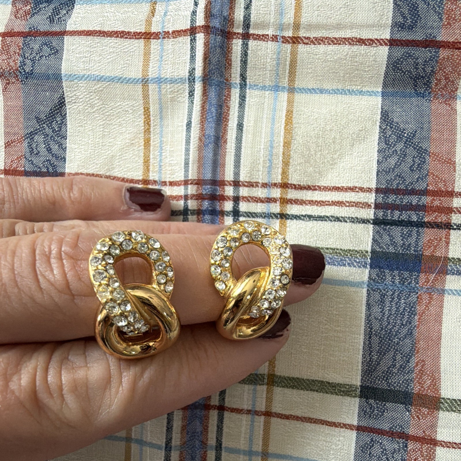 Vintage Christian Dior Interlocking Link Clip On Earrings Rhinestone Signed Gold