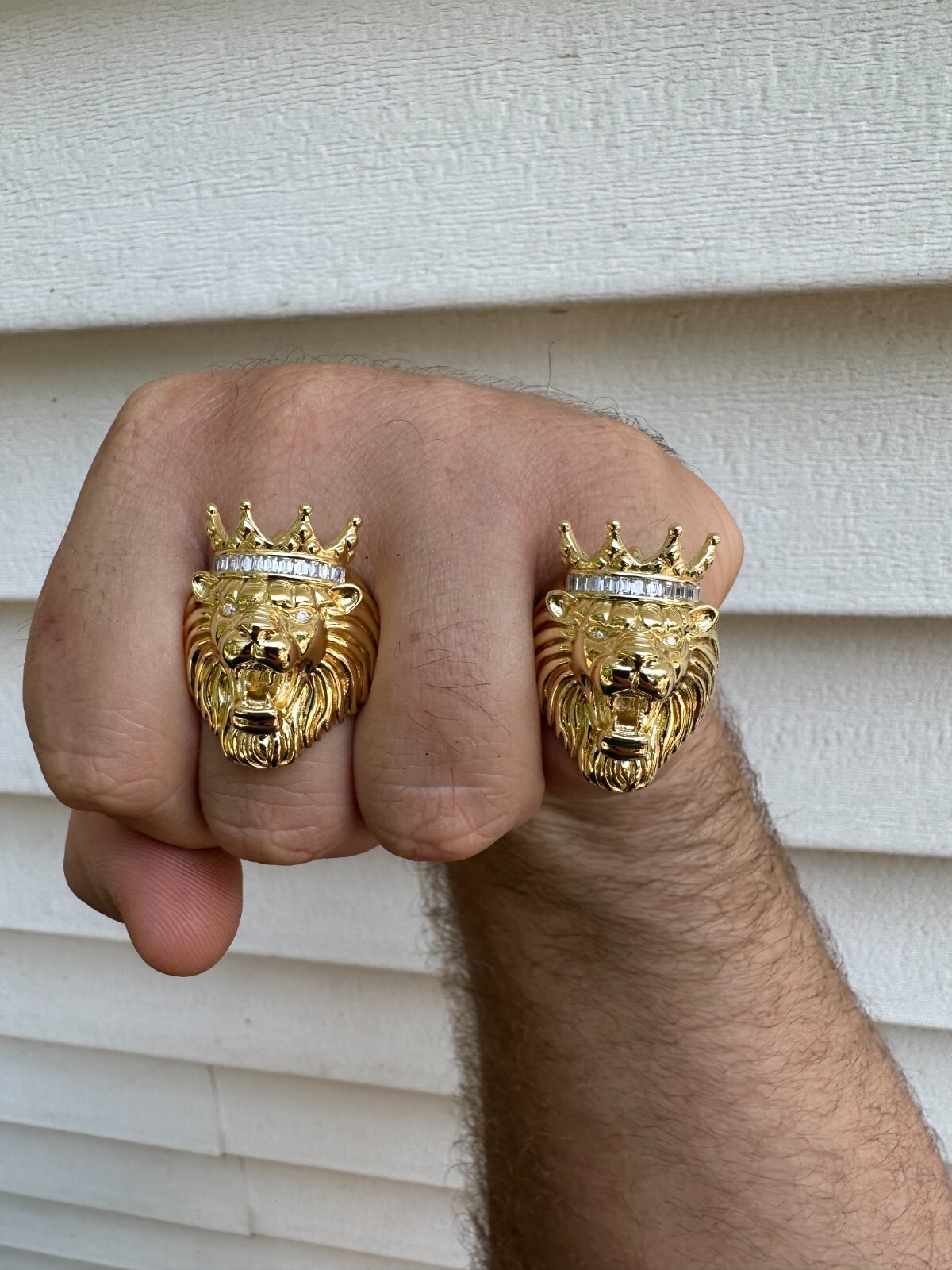 Lion W. Moissanite Baguette Crown 3D Mens Ring – 14k Gold Over Real 925 Silver