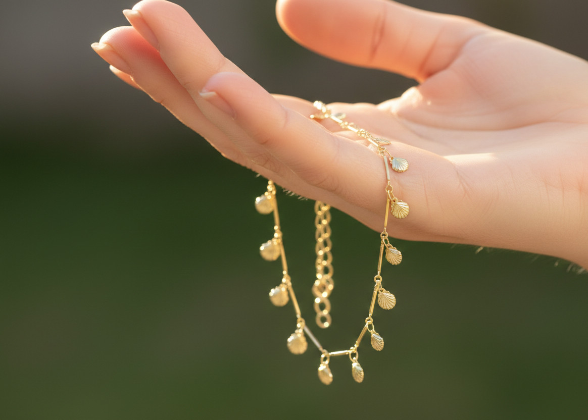 Handcrafted Gold Tone Shell Charm Bracelet Delicate 18K Gold Plated Brass Chain
