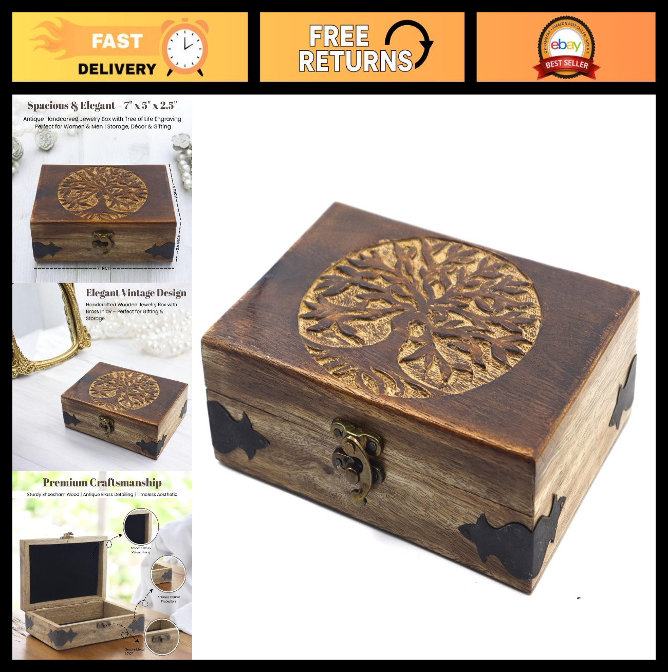 Handmade Wooden Jewelry Box – Tree of Life Engraving, Antique Keepsake Organizer