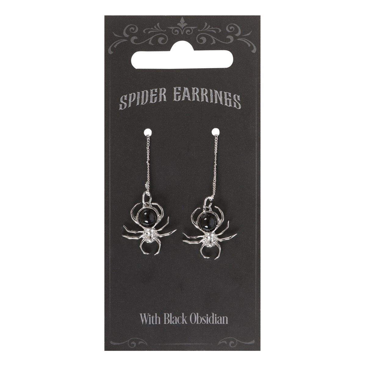 Gothic Black Obsidian Cabochon Orb Spider Dangling Drop Earrings