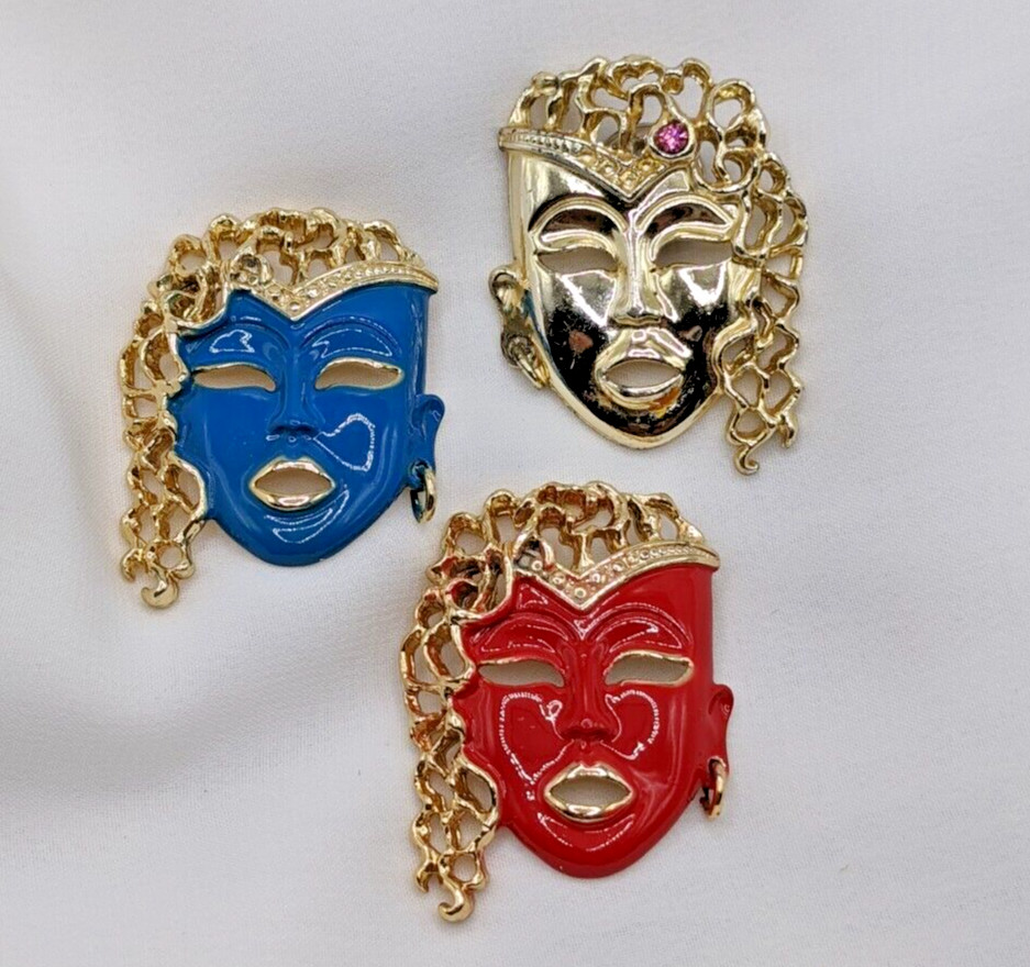 Vintage Pretty Lady Face Mask Brooch Pin Lot of 3 Red Blue Enamel Gold Tone