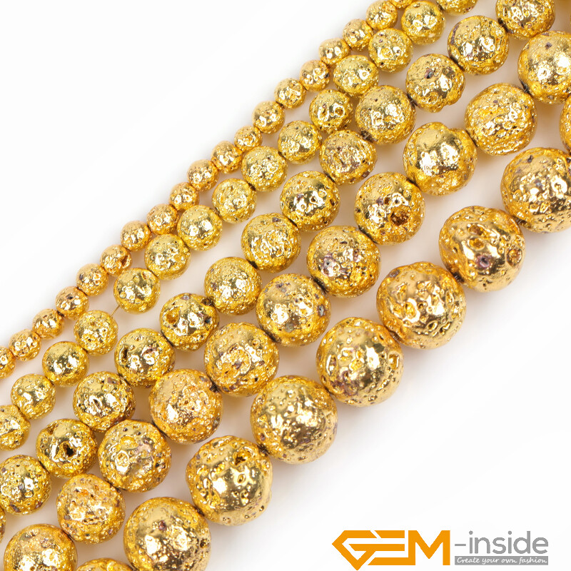 Gold Metallic Coated Volcanic Rock Stone Round Loose Beads Jewelry Making 15″