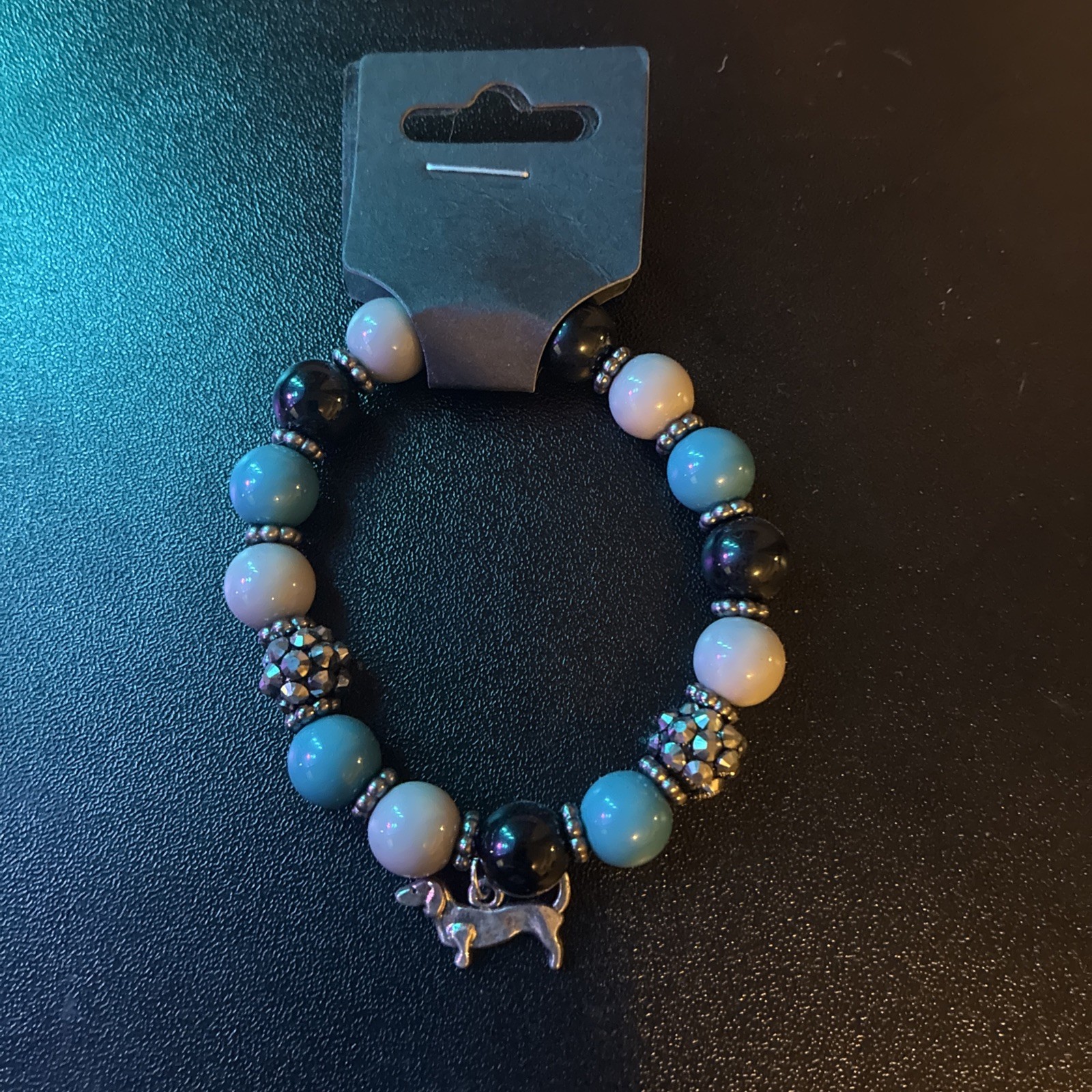 Dachshund Stretch Fit Bracelet Blue Black Gray And Gunmetal Bling Beads