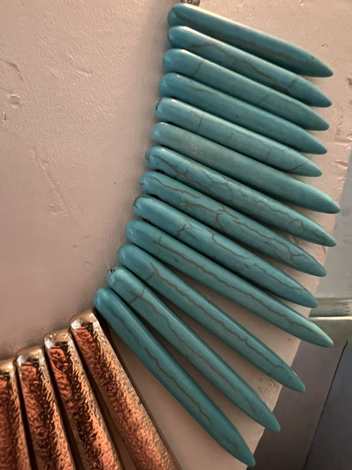 Turquoise Spike GOLDTONE Necklace 19” With 3” Extender Tribal Boho Egypt Rev