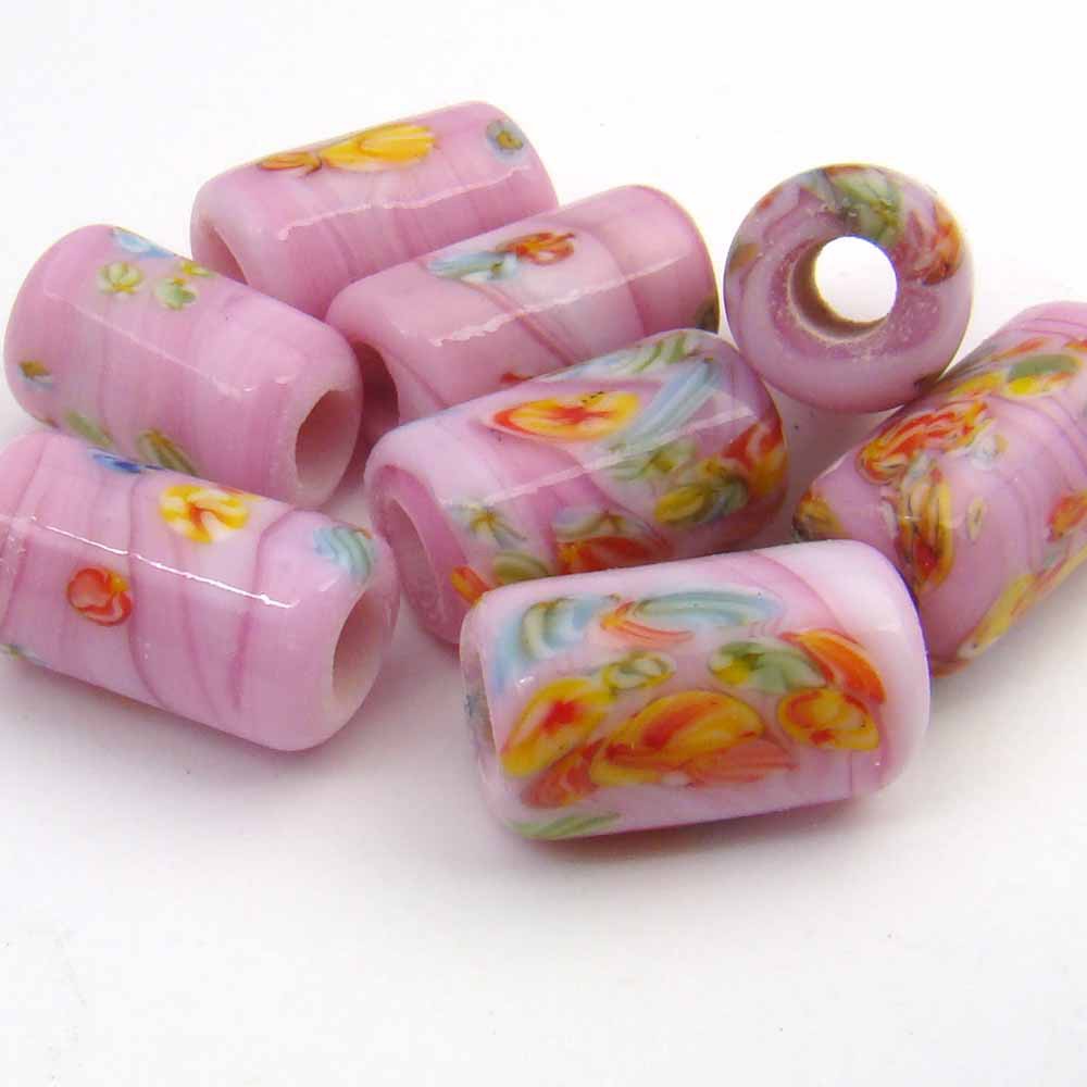 8 Vintage Japan lampwork large hole opaque pink glass murrine beads avg 14mm