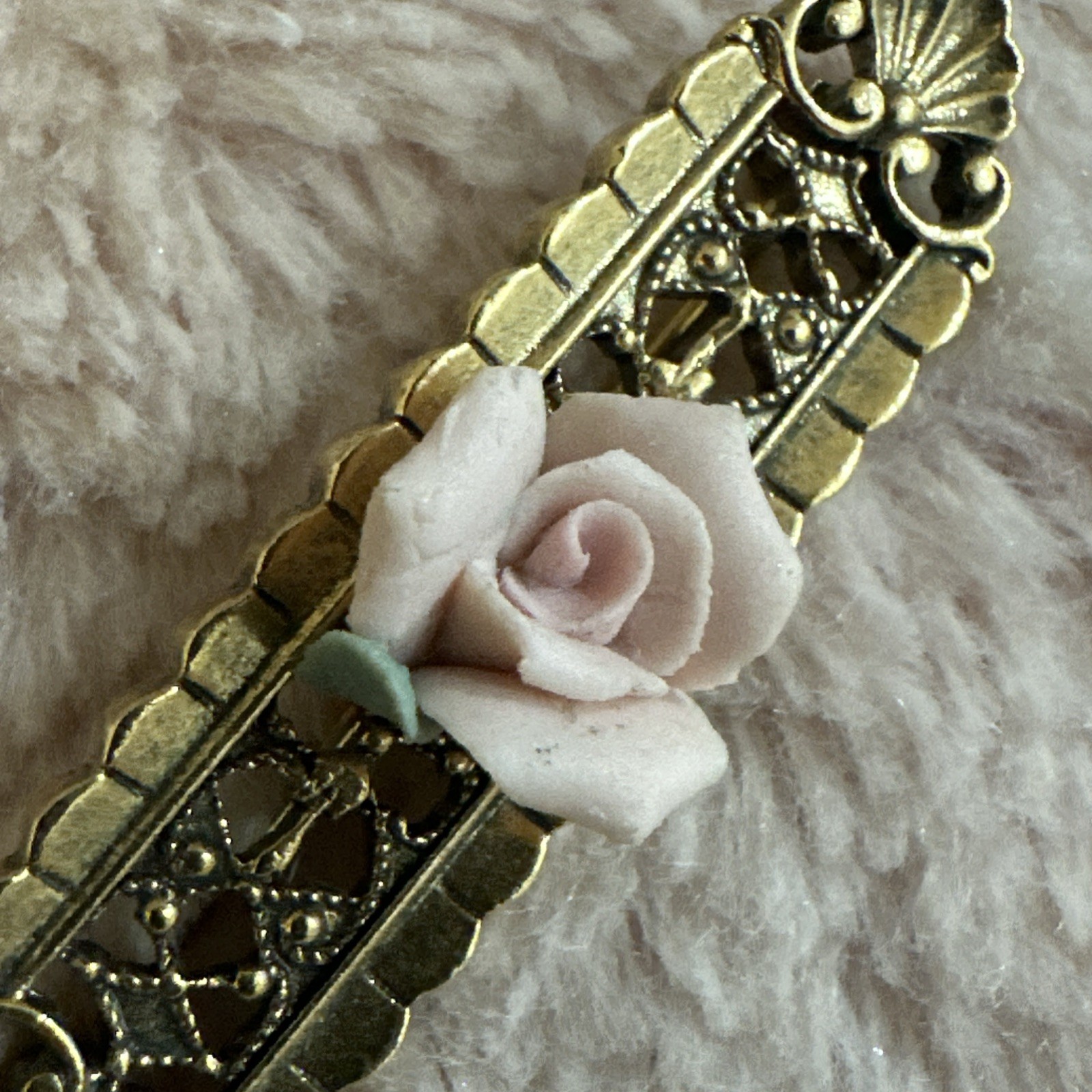 Vintage Gold Metal Pin Brooch Pink Porcelain Rose Paris Flea Market