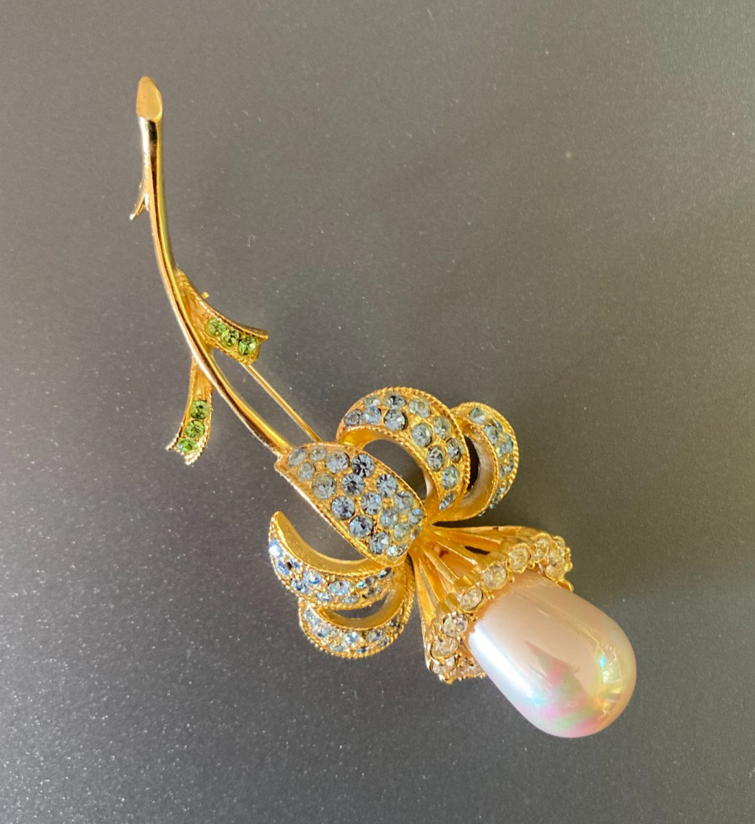 Vintage Ivana Trump Iris Flower Iridescent Faux Pearl Rhinestone GoldTone Brooch