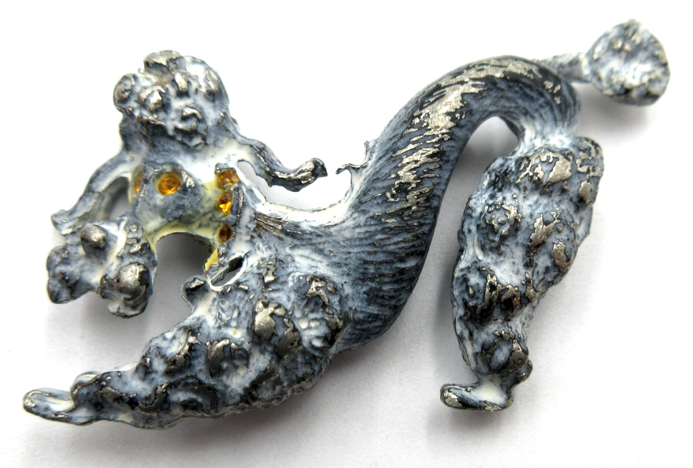 VTG UNUSUAL POODLE DOG Brooch Pin silver tone gray black YELLOW RHINESTONE EYES