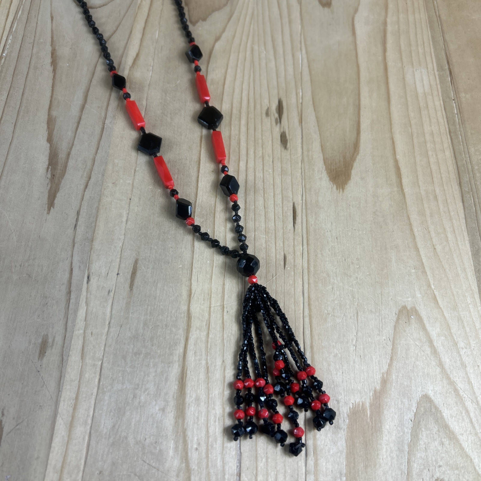 Beaded Tassel Necklace 30” Black Red