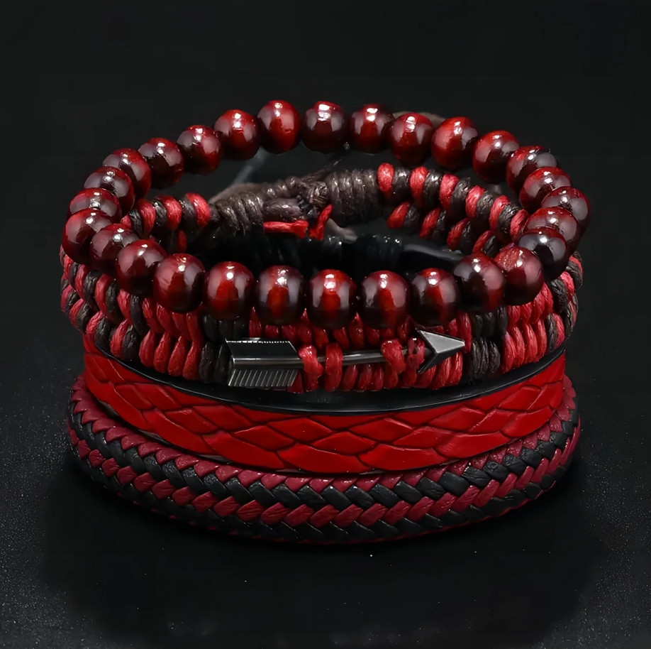 4 pcs Vintage Men’s Leather Bracelet Wooden Beads Cupid Arrow Hand Woven