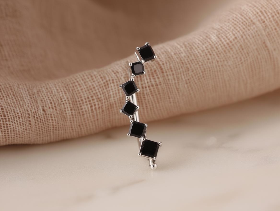 Rhodium Plated Brass Earrings: Long Silver-Colored Stone Cluster