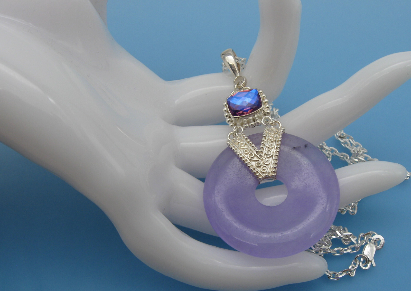 Sajen Sterling Silver Purple Jadeite Jade Blue Quartz Circle Pendant Necklace
