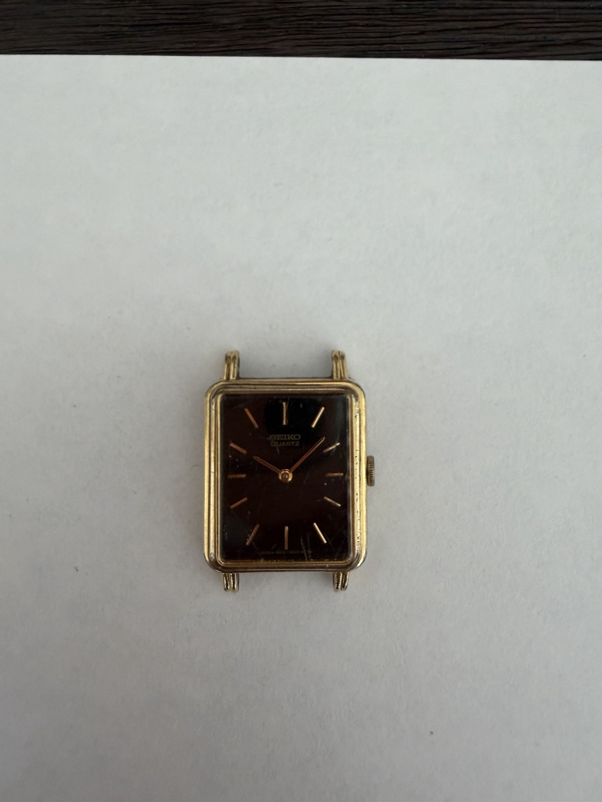Seiko Quartz Gold Tone Rectangle Analog Dress Watch Head Only Black Dial