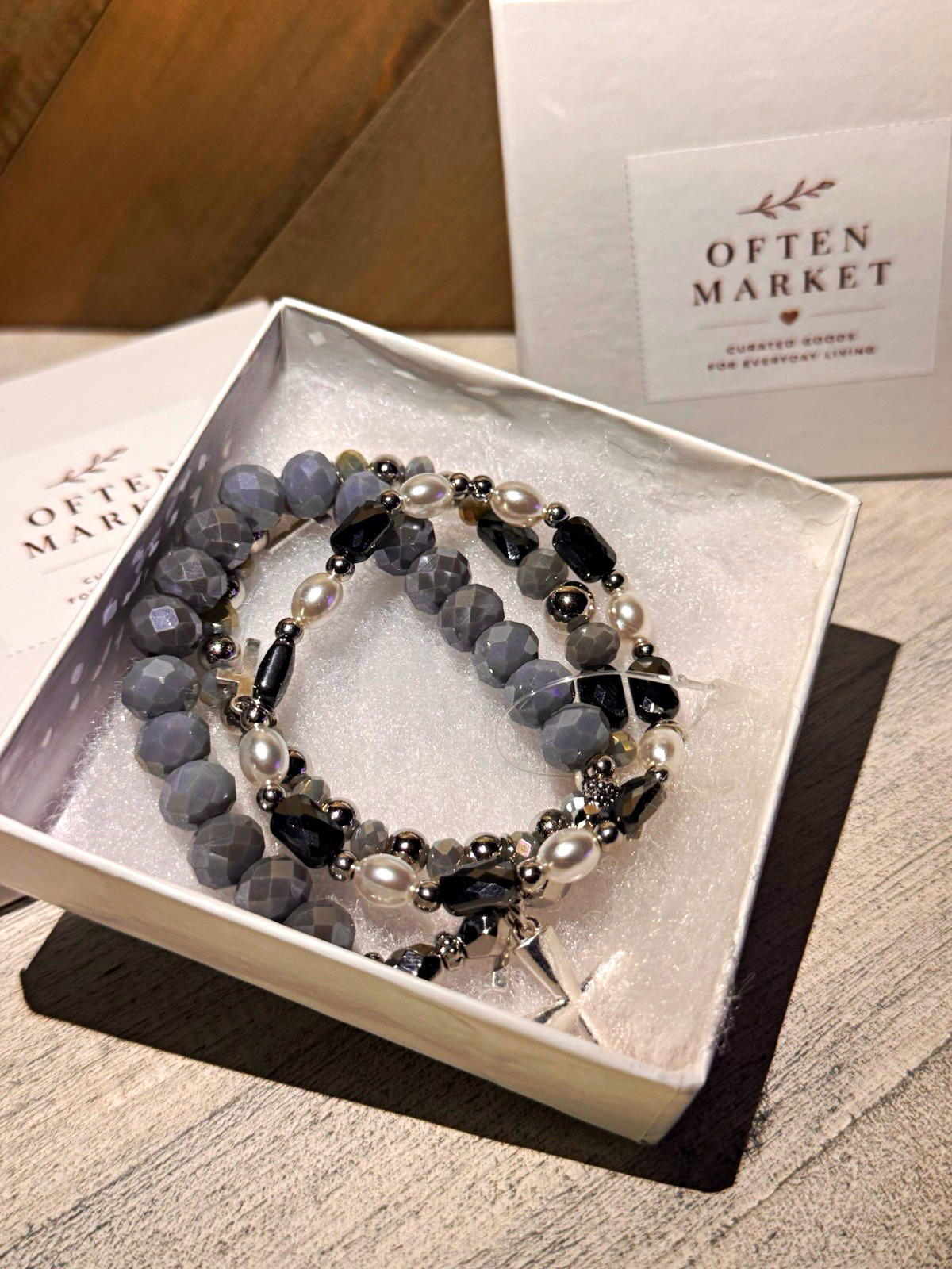 Silver Gray and Black Stackable Beaded Bracelet Trio w/Cross Charms